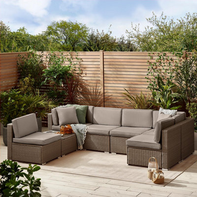 Furniturebox UK Orlando 6 Seat Modular Outdoor Garden Sofa Brown Rattan Garden Sofa with Grey Cushions Free Cover DIY at B Q