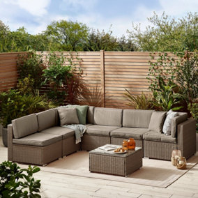 Furniturebox UK Orlando 6 Seat Modular Outdoor Garden Sofa - Brown Rattan Garden Sofa with Grey, Cushions - Garden Coffee Table