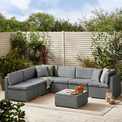 Furniturebox UK Orlando 6 Seat Modular Outdoor Garden Sofa - Grey Rattan Garden Sofa with Grey, Cushions - Free Cover