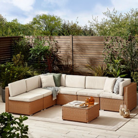 Furniturebox UK Orlando 6 Seat Modular Outdoor Garden Sofa - Natural PE Rattan Garden Sofa with Cushions - Garden Coffee Table
