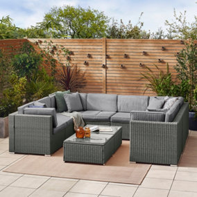 Furniturebox UK Orlando 8 Seat Modular Outdoor Garden Sofa - Grey Rattan Garden Sofa with Grey, Cushions - Garden Coffee Table