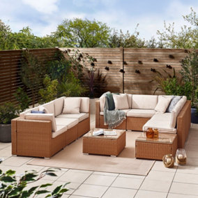 Furniturebox UK Orlando 8 Seat Modular Outdoor Garden Sofa - Natural PE Rattan Garden Sofa with Cushions - Garden Coffee Table