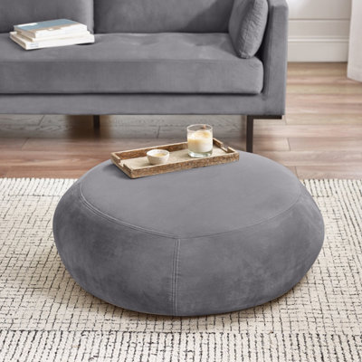 Furniturebox UK Otis Modern Round Velvet Footstool On Wood Frame With Hidden Feet in Grey