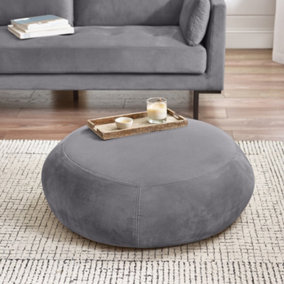 Furniturebox UK Otis Modern Round Velvet Footstool On Wood Frame With Hidden Feet in Grey