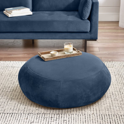 Furniturebox UK Otis Modern Round Velvet Footstool On Wood Frame With Hidden Feet in Navy