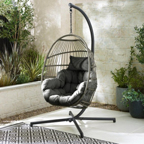Furniturebox UK Outdoor Hanging Egg Chair: Grey Rattan & Dark Grey Cushions