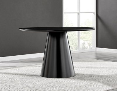 Furniturebox UK Palma Black Semi Gloss Round Pedestal Dining Table & 4 Black Faux Leather Corona Black Leg Chairs