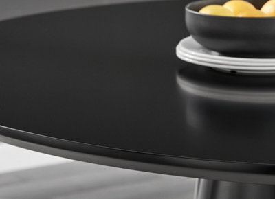 Furniturebox UK Palma Black Semi Gloss Round Pedestal Dining Table & 4 Black Faux Leather Corona Black Leg Chairs