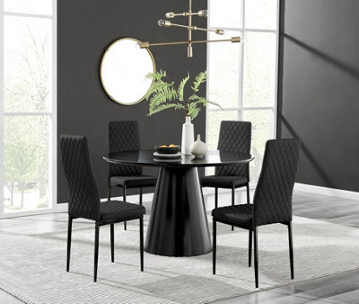 Furniturebox UK Palma Black Semi Gloss Round Pedestal Dining Table & 4