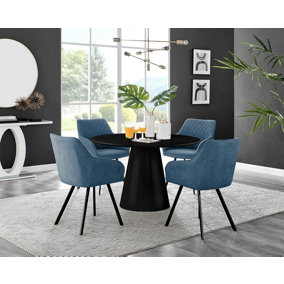 Furniturebox UK Palma Black Semi-Gloss Round Pedestal Dining Table & 4 Blue Fabric Falun Black Leg Chairs