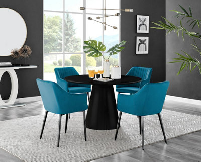 Black dining table with blue deals chairs