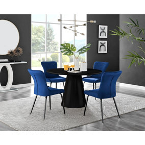Furniturebox UK Palma Black Semi-Gloss Round Pedestal Dining Table & 4 Blue Velvet Nora Black Leg Chairs