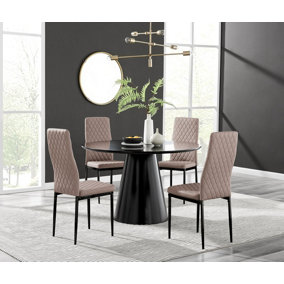 Furniturebox UK Palma Black Semi Gloss Round Pedestal Dining Table & 4 Cappuccino Faux Leather Milan Black Leg Chairs