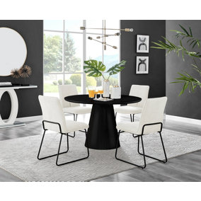 Furniturebox UK Palma Black Semi-Gloss Round Pedestal Dining Table & 4 Cream Fabric Halley Black Leg Chairs