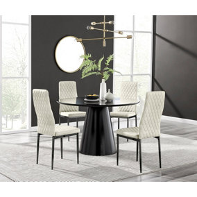 Furniturebox UK Palma Black Semi-Gloss Round Pedestal Dining Table & 4 Cream Velvet Milan Black Leg Chairs