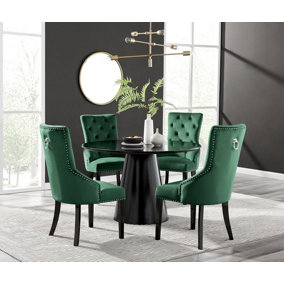 Furniturebox UK Palma Black Semi-Gloss Round Pedestal Dining Table & 4 Green Velvet Belgravia Black Leg Chairs