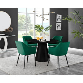 Furniturebox UK Palma Black Semi Gloss Round Pedestal Dining Table & 4 Green Velvet Calla Black Leg Chairs