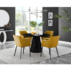 Furniturebox UK Palma Black Semi Gloss Round Pedestal Dining Table & 4 Mustard Velvet Calla Black Leg Chairs