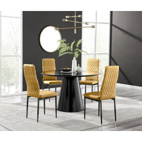 Furniturebox UK Palma Black Semi-Gloss Round Pedestal Dining Table & 4 Mustard Velvet Milan Black Leg Chairs