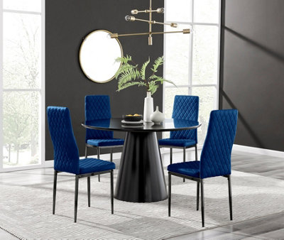 Furniturebox UK Palma Black Semi-Gloss Round Pedestal Dining Table & 4 Navy Velvet Milan Black Leg Chairs