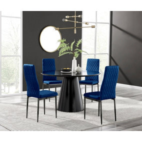 Furniturebox UK Palma Black Semi-Gloss Round Pedestal Dining Table & 4 Navy Velvet Milan Black Leg Chairs