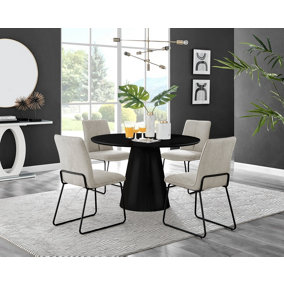 Furniturebox UK Palma Black Semi-Gloss Round Pedestal Dining Table & 4 Taupe Fabric Halley Black Leg Chairs