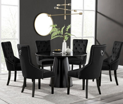 Furniturebox UK Palma Black SemiGloss Round Pedestal Dining Table & 6