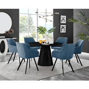 Furniturebox UK Palma Black Semi-Gloss Round Pedestal Dining Table & 6 Blue Fabric Falun Black Leg Chairs