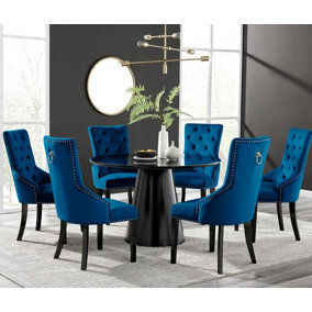 Furniturebox UK Palma Black Semi-Gloss Round Pedestal Dining Table & 6 Blue Velvet Belgravia Black Leg Chairs