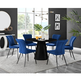 Furniturebox UK Palma Black Semi-Gloss Round Pedestal Dining Table & 6 Blue Velvet Nora Black Leg Chairs