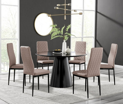 Furniturebox UK Palma Black Semi Gloss Round Pedestal Dining Table & 6 Cappuccino Faux Leather Milan Black Leg Chairs