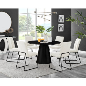 Furniturebox UK Palma Black Semi-Gloss Round Pedestal Dining Table & 6 Cream Fabric Halley Black Leg Chairs
