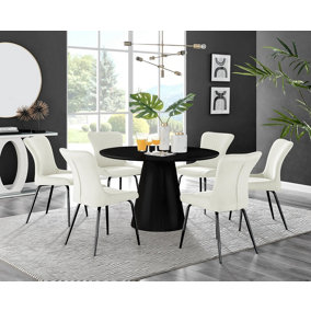Furniturebox UK Palma Black Semi-Gloss Round Pedestal Dining Table & 6 Cream Velvet Nora Black Leg Chairs