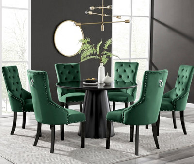 Furniturebox UK Palma Black Semi-Gloss Round Pedestal Dining Table & 6 Green Velvet Belgravia Black Leg Chairs