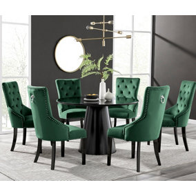 Furniturebox UK Palma Black Semi-Gloss Round Pedestal Dining Table & 6 Green Velvet Belgravia Black Leg Chairs