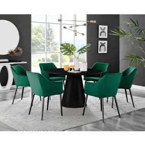 Furniturebox UK Palma Black Semi Gloss Round Pedestal Dining Table & 6 Green Velvet Calla Black Leg Chairs