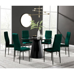 Furniturebox UK Palma Black Semi-Gloss Round Pedestal Dining Table & 6 Green Velvet Milan Black Leg Chairs