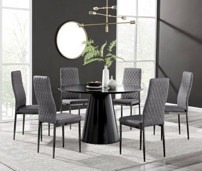 Furniturebox UK Palma Black SemiGloss Round Pedestal Dining Table & 6