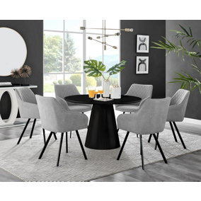 Furniturebox UK Palma Black Semi-Gloss Round Pedestal Dining Table & 6 Light Grey Fabric Falun Black Leg Chairs