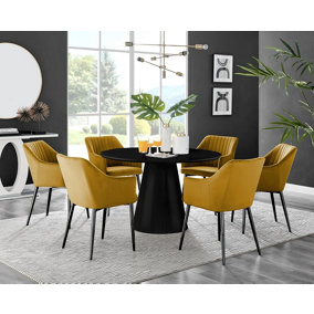 Furniturebox UK Palma Black Semi Gloss Round Pedestal Dining Table & 6 Mustard Velvet Calla Black Leg Chairs