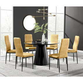 Furniturebox UK Palma Black Semi-Gloss Round Pedestal Dining Table & 6 Mustard Velvet Milan Black Leg Chairs