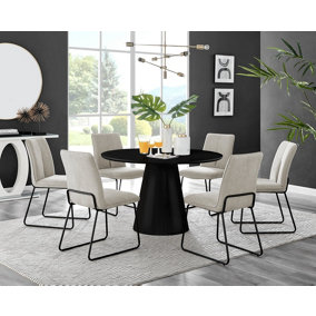 Furniturebox UK Palma Black Semi-Gloss Round Pedestal Dining Table & 6 Taupe Fabric Halley Black Leg Chairs