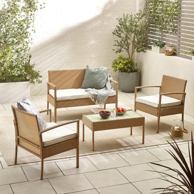 Furniturebox UK Porto Beige PE Rattan Outdoor Garden 4 Seat Coffee Table & Chair Set, Taupe Cushions - Free Cover