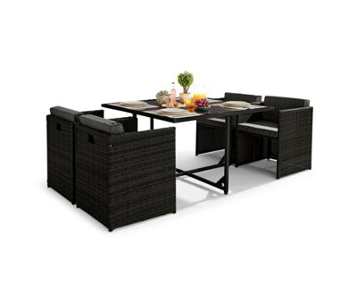 Furniturebox UK Rhodes Black Rattan Garden Outdoor 4 Seat Dining Table and Rattan Weave Chairs with Square Glass Top Table