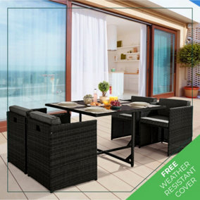 Furniturebox UK Rhodes Black Rattan Garden Outdoor 4 Seat Dining Table and Rattan Weave Chairs with Square Glass Top Table