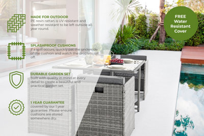 Furniturebox UK Rhodes Grey Rattan Garden Outdoor 4 Seater Dining Table and Rattan Weave Chairs with Square Glass Top Table