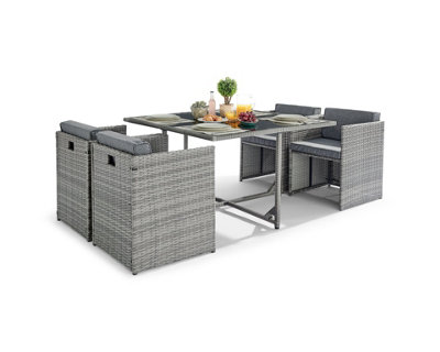 Furniturebox UK Rhodes Grey Rattan Garden Outdoor 4 Seater Dining Table and Rattan Weave Chairs with Square Table - Free Cover