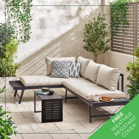 Furniturebox UK Riviera Grey 2 Person Modular Chaise Garden Sofa - Sun Lounger + Tables - Double Sun Lounger Or 2 Garden Sofas
