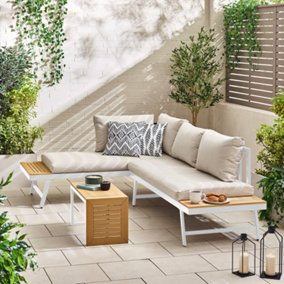 Furniturebox UK Riviera White 2 Person Modular Chaise Garden Sofa - Sun Lounger + Tables - Double Sun Lounger - Free Cover