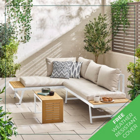 Furniturebox UK Riviera White 2 Person Modular Chaise Garden Sofa - Sun Lounger + Tables - Double Sun Lounger Or 2 Garden Sofas